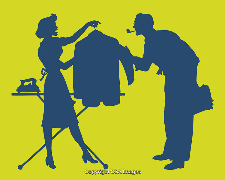 Silhouette of Domestic Scene with Ironing and Coat Exchange