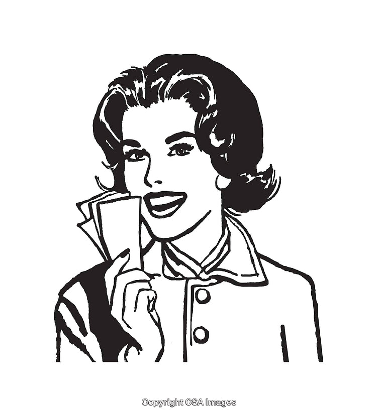 Retro Line Art Illustration of a Smiling Woman Holding Cards