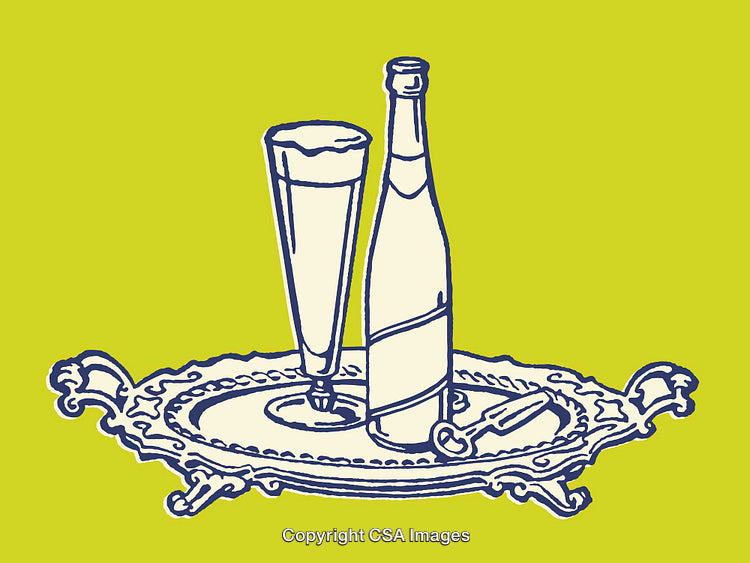 Elegant Line Art of Beverage Glass and Bottle on Ornate Tray