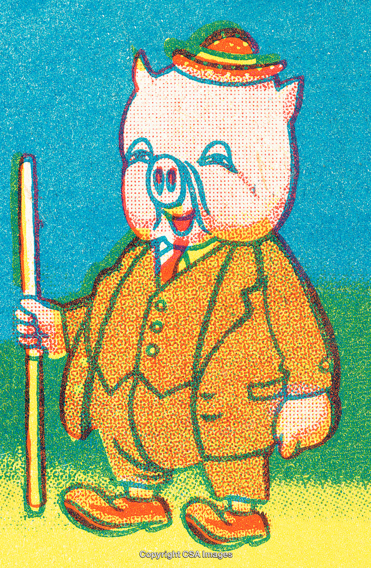 Vintage Illustrated Pig Character in Colorful Suit with Cane