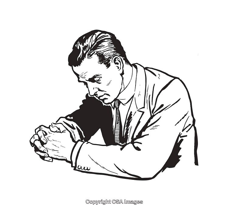 Black and White Illustration of a Thinking Pensive Man in Formal Attire