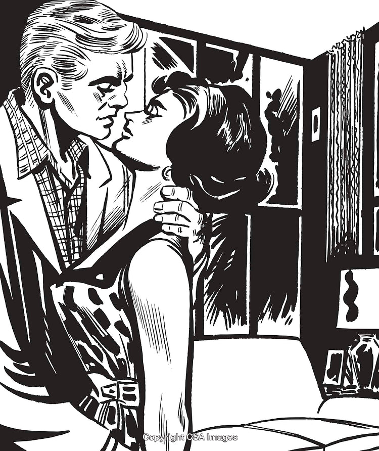 Vintage Romantic Illustration of a Man and Woman in Dramatic Embrace