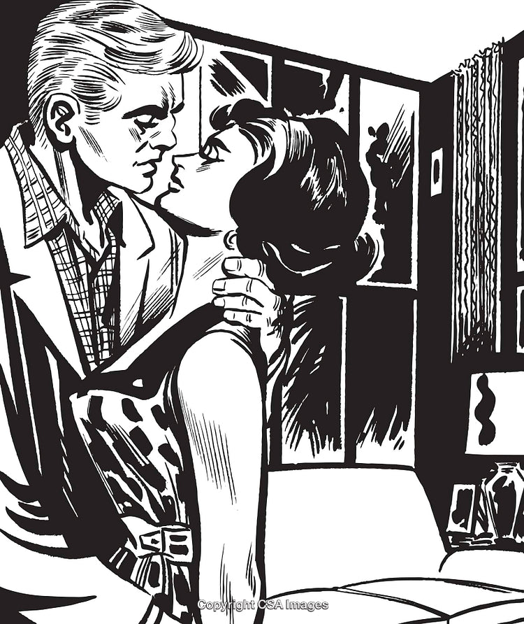 Vintage Romantic Illustration of a Man and Woman in Dramatic Embrace
