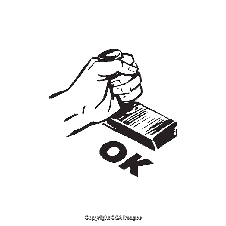 Black and White Line Art Illustration of a Hand Stamping 'OK'