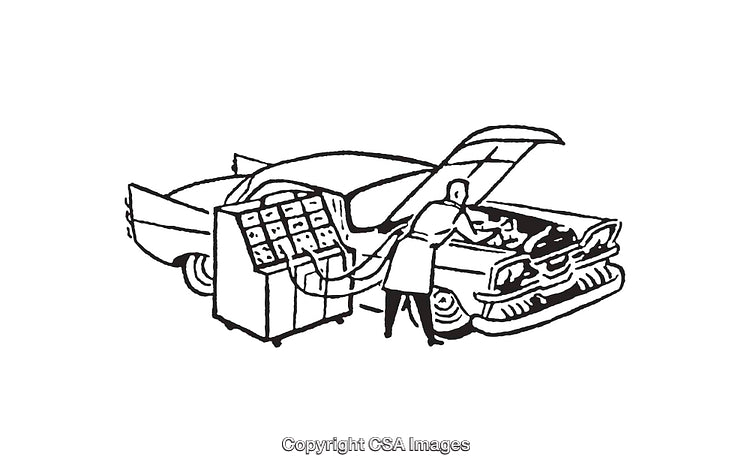 Vintage Line Art of Mechanic Diagnosing Vehicle with Testing Equipment
