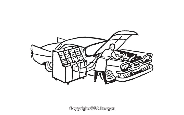 Vintage Line Art of Mechanic Diagnosing Vehicle with Testing Equipment