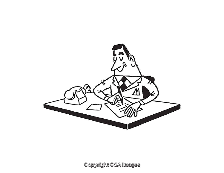 Retro Black and White Illustration of Businessman Working at Desk