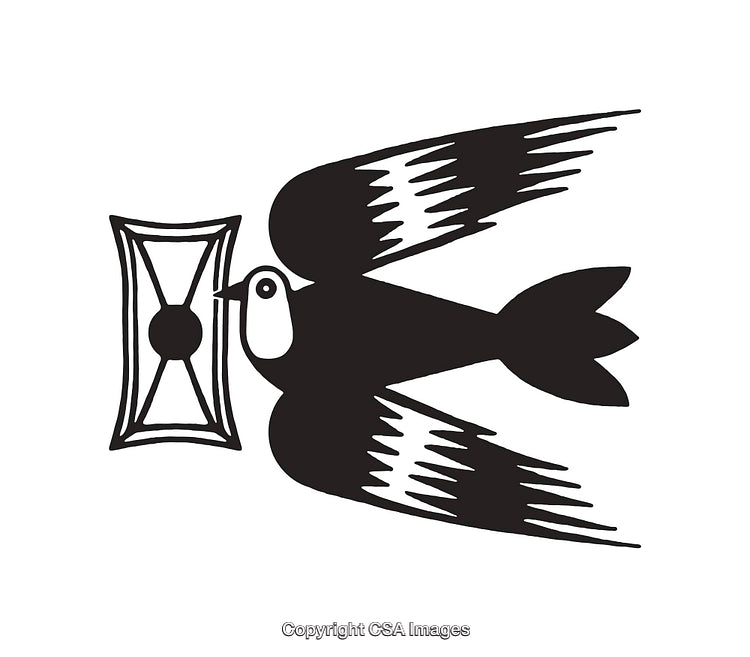 Black And White Stylized Bird Holding an Hourglass Line Art Illustration