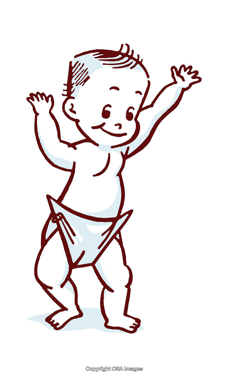 Stylish Cartoon Illustration of a Smiling Baby in Diaper Raising Arms