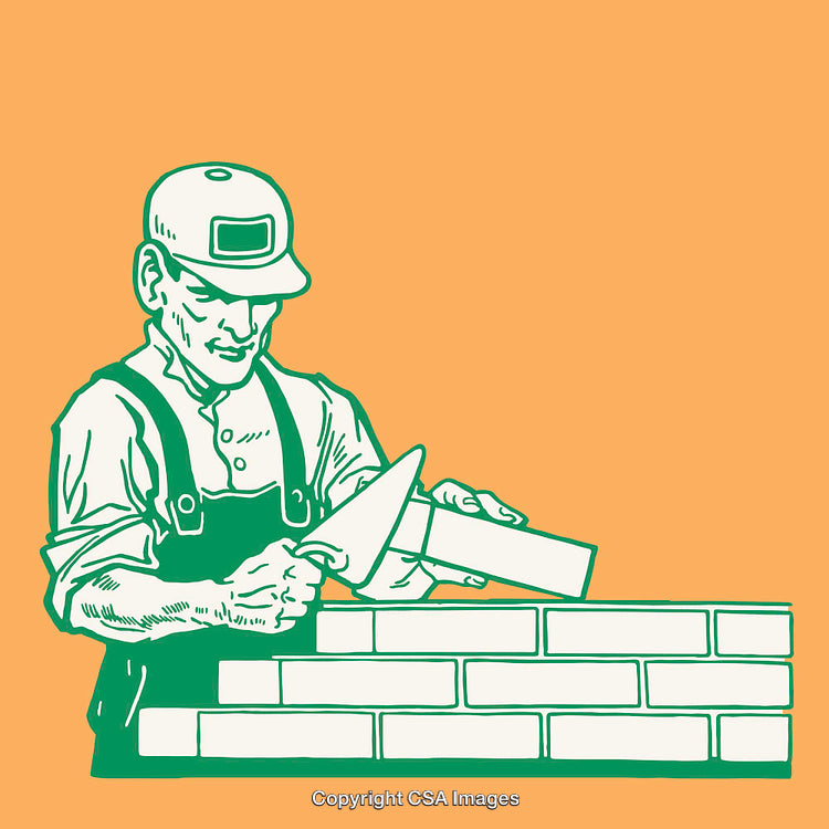 Illustration of a Bricklayer Working on a Wall in Green and Orange