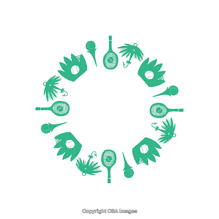 Circular Composition of Sports Equipment Featuring Racket and Palm Symbols