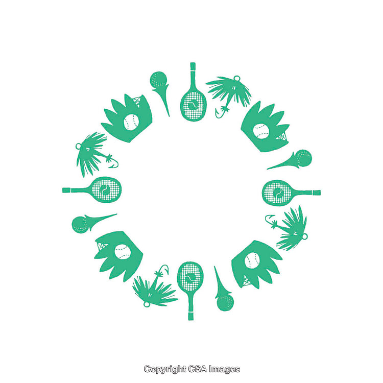 Circular Composition of Sports Equipment Featuring Racket and Palm Symbols