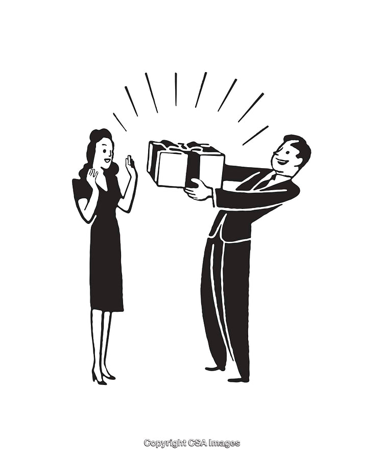 Black and White Illustration of Gift Exchange Between Two People