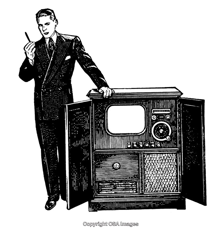 Black and White Engraving of a Man With Vintage Console Television