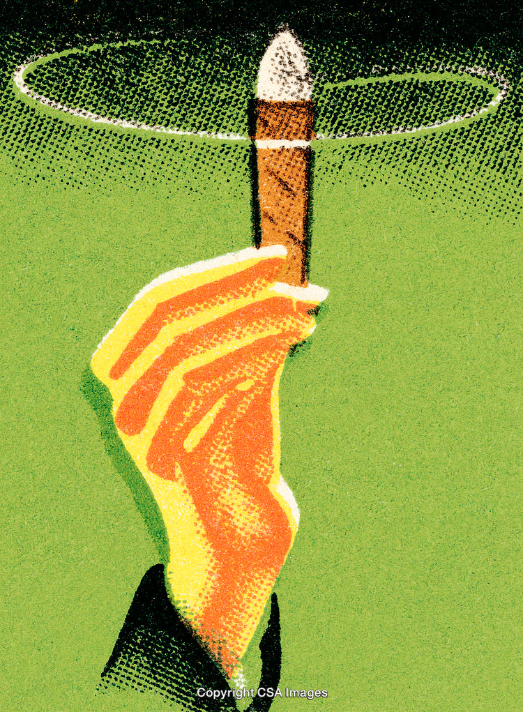 Abstract Artwork of a Hand Holding a Lit Cigarette on Green Background