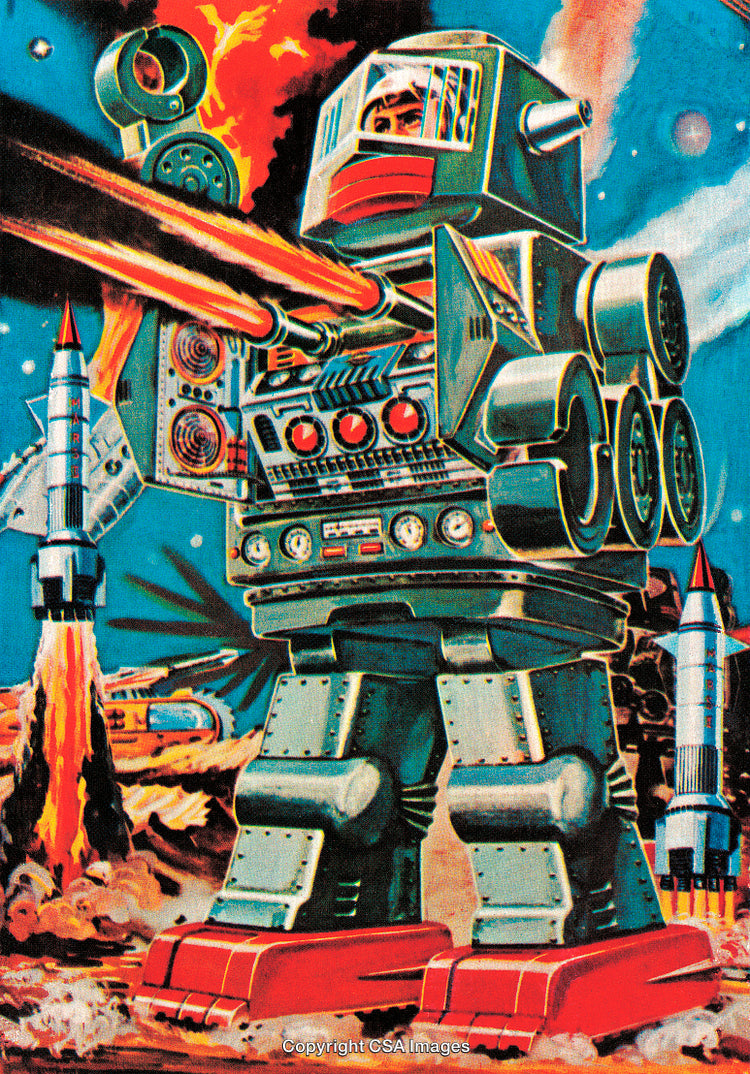 Retro Robot in a Sci-Fi Space Battle With Rockets and Explosions