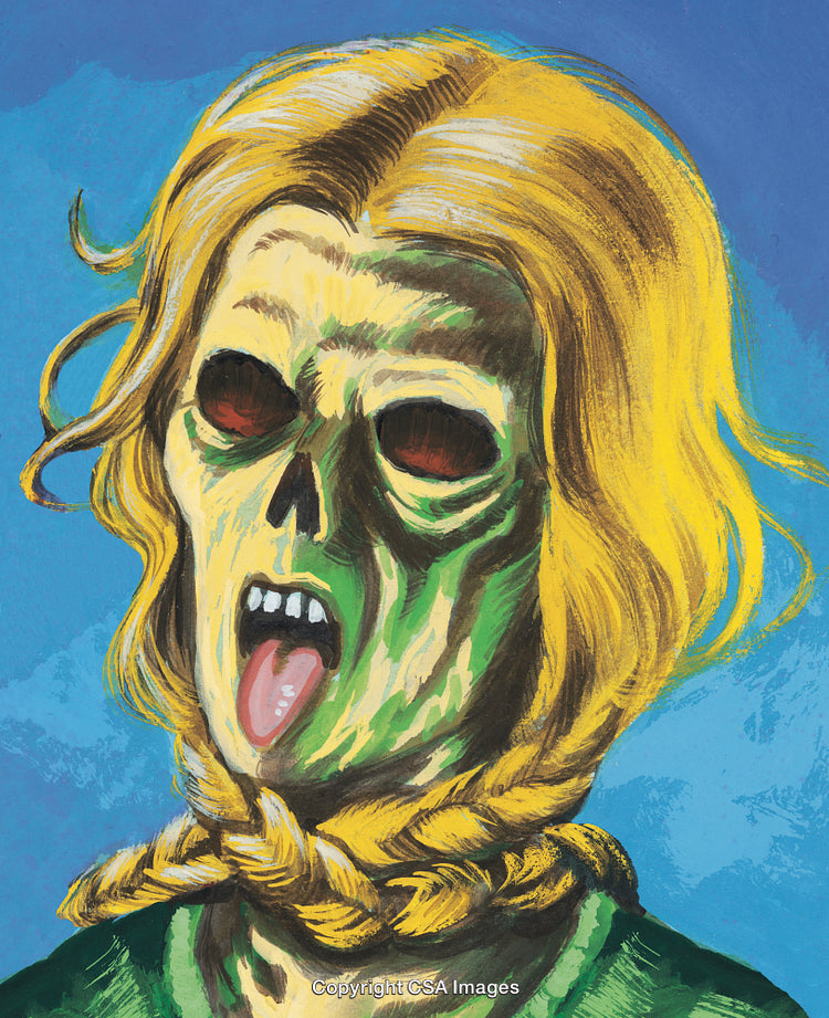 Ghoulish Portrait of a Skeletal Figure with Blonde Hair and Bright Colors