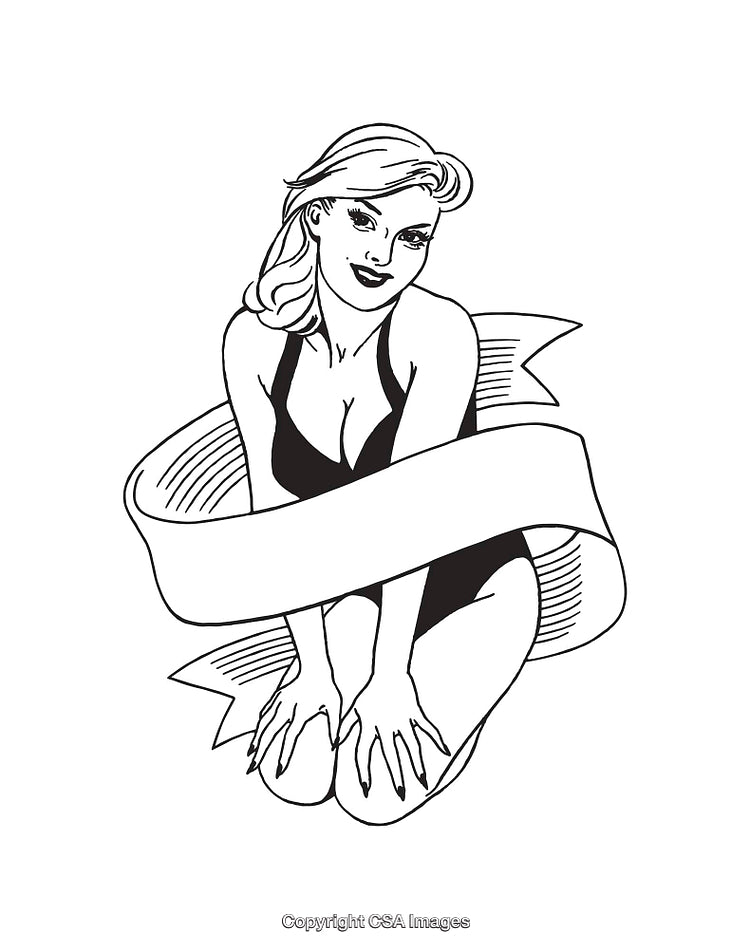Retro Style Pinup Girl Illustration with Blank Banner for Text