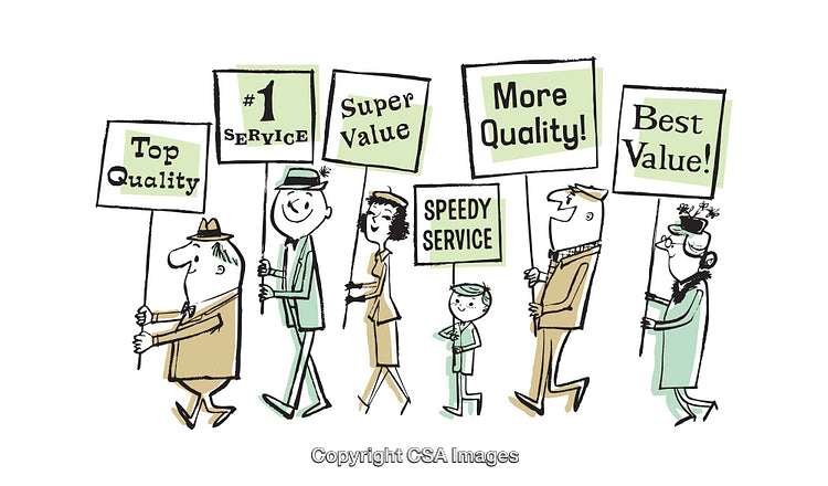 Colorful Retro Illustration of People Holding Signs About Quality and Service