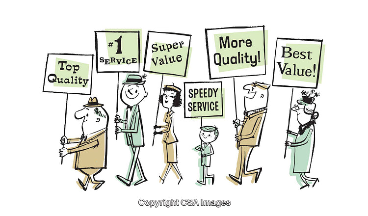 Colorful Retro Illustration of People Holding Signs About Quality and Service