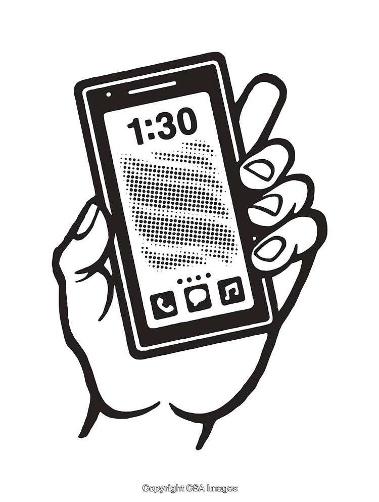 Hand Holding Smartphone with Notification Icons in Black and White Line Art
