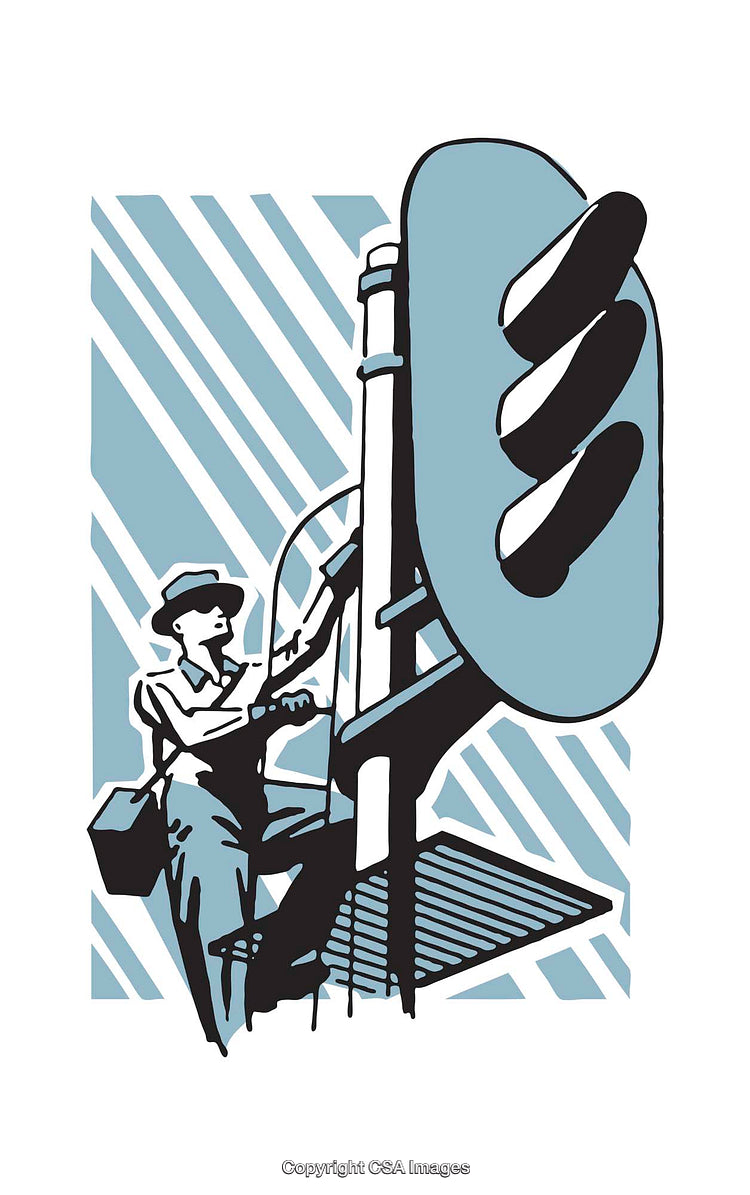 Vintage-Style Illustration of a Utility Worker on an Antenna Tower