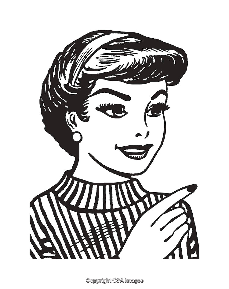 Retro Black and White Illustration of a Smiling Woman Pointing