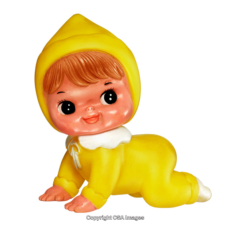 Vintage Plastic Crawling Baby Figurine in Bright Yellow Outfit with Cute Expression