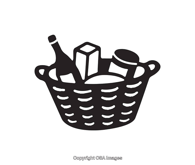 Black and White Icon of a Wicker Basket with Food Items