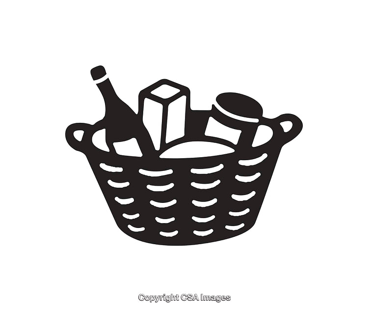 Black and White Icon of a Wicker Basket with Food Items