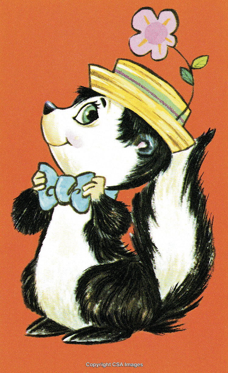 Charming Cartoon Skunk Wearing a Hat and Bow Tie on Orange Background
