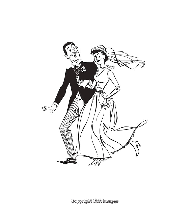 Retro Black and White Illustration of a Joyful Bride and Groom
