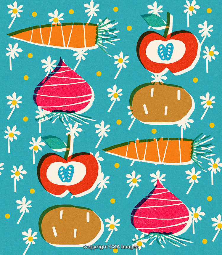 Colorful Illustration of Vegetables and Fruits with a Playful Floral Background