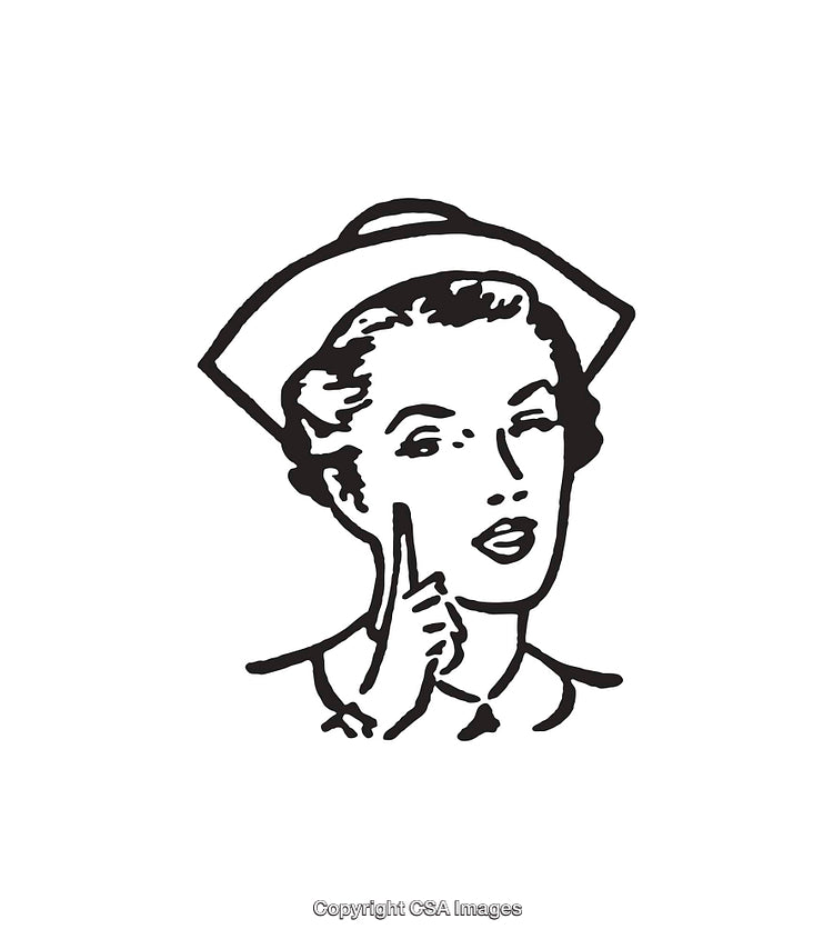 Black and White Line Art Illustration of a Nurse in Vintage Style