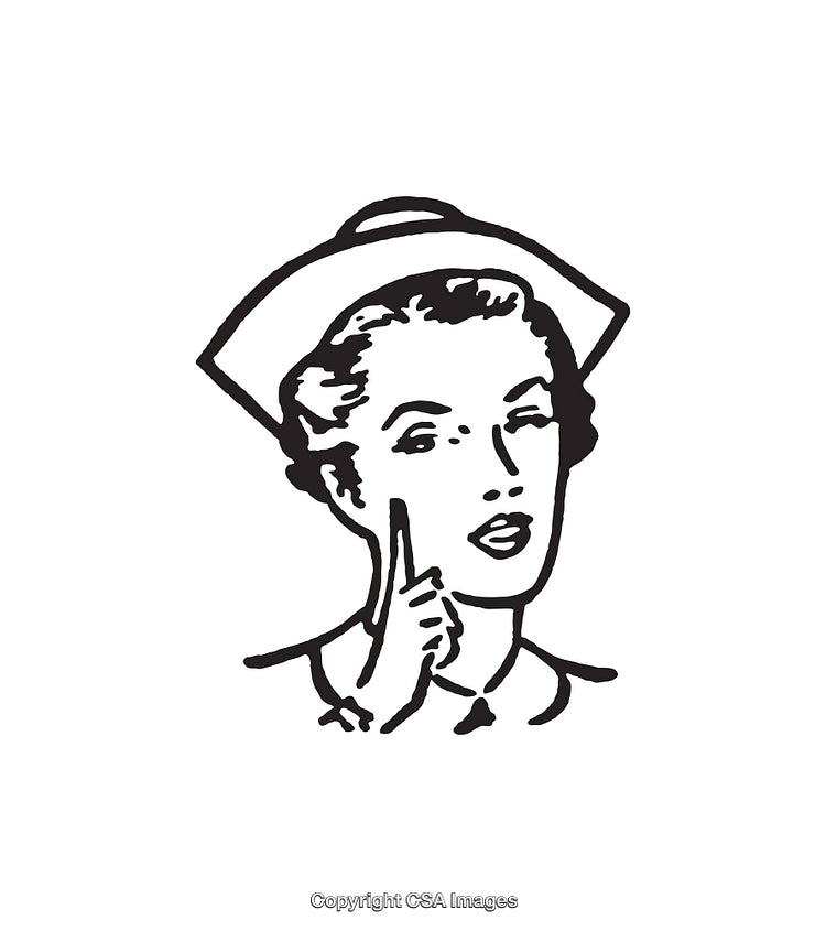 Black and White Line Art Illustration of a Nurse in Vintage Style