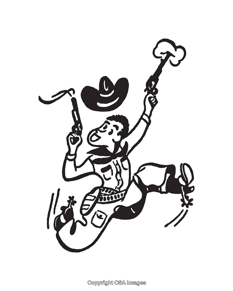 Exciting Cowboy Illustration Featuring Animated Action Scenes in Line Art Style