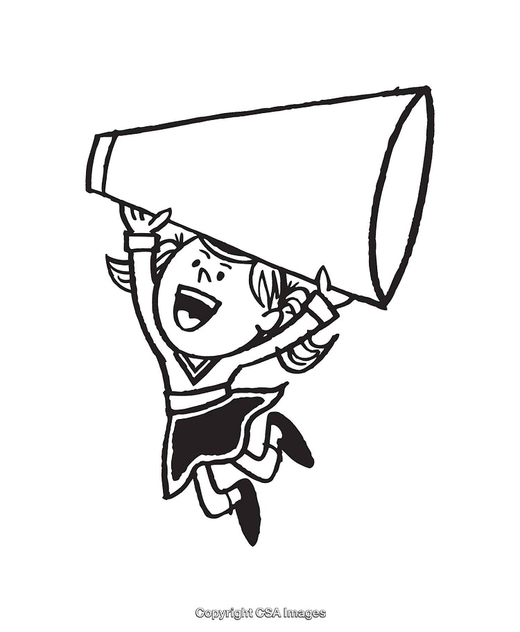 Cheerful Girl With Megaphone Illustrated in Black and White Line Art