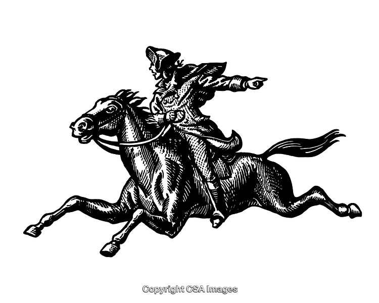 Black and White Engraving of a Horseman in Full Gallop