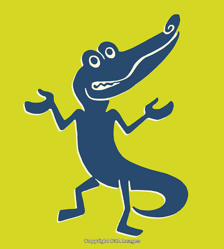 Blue Alligator Character Illustration on Bright Green Background