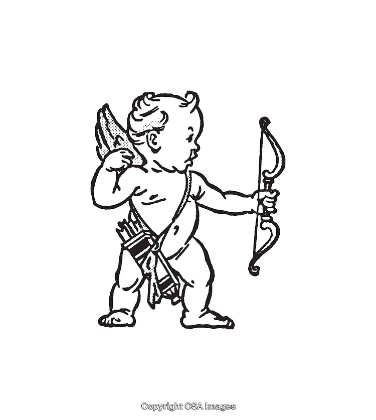 Black and White Illustration of Cupid with Bow and Quiver of Arrows