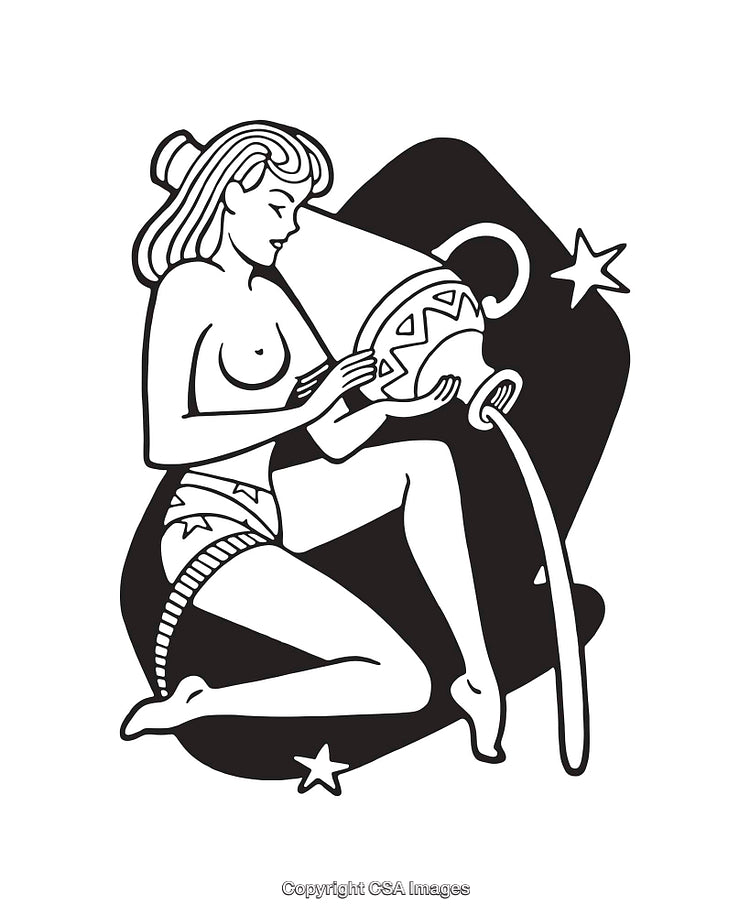 Black-and-White Line Art of Aquarius Zodiac Woman Holding Water Jar