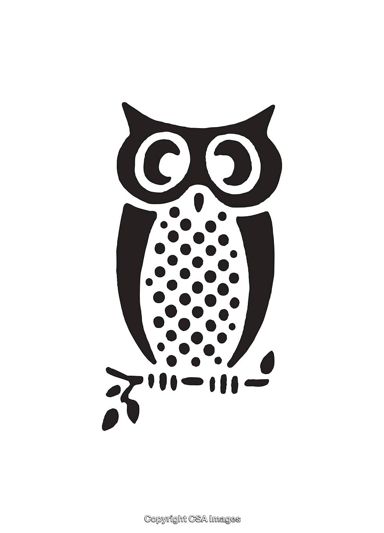 Stylized Black and White Owl Illustration with Polka Dot Accents