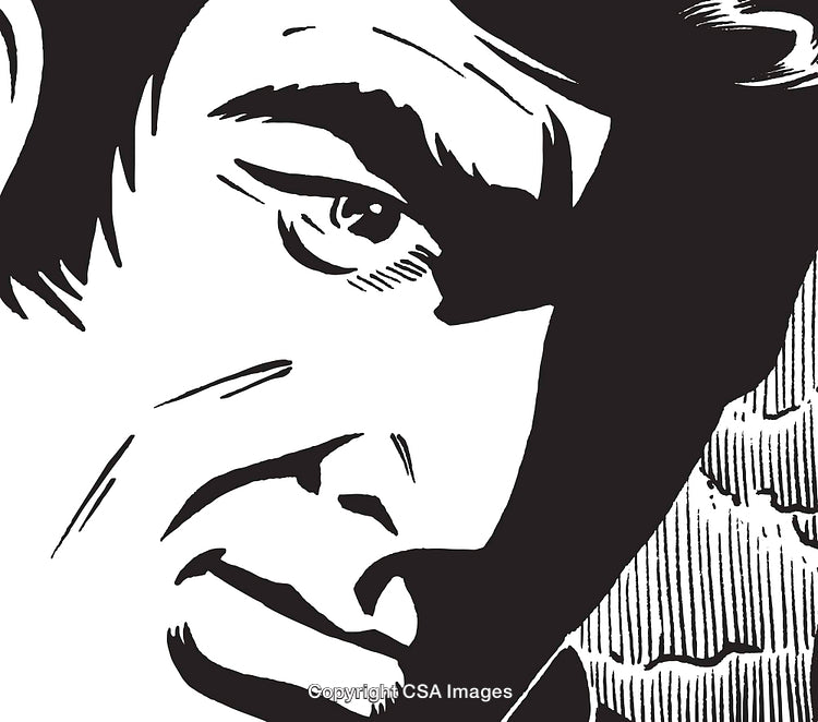 Monochromatic Illustration of a Man's Pensive Face in Bold Black and White
