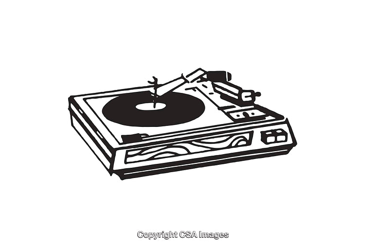 Black and White Line Art Illustration of a Vinyl Record Player