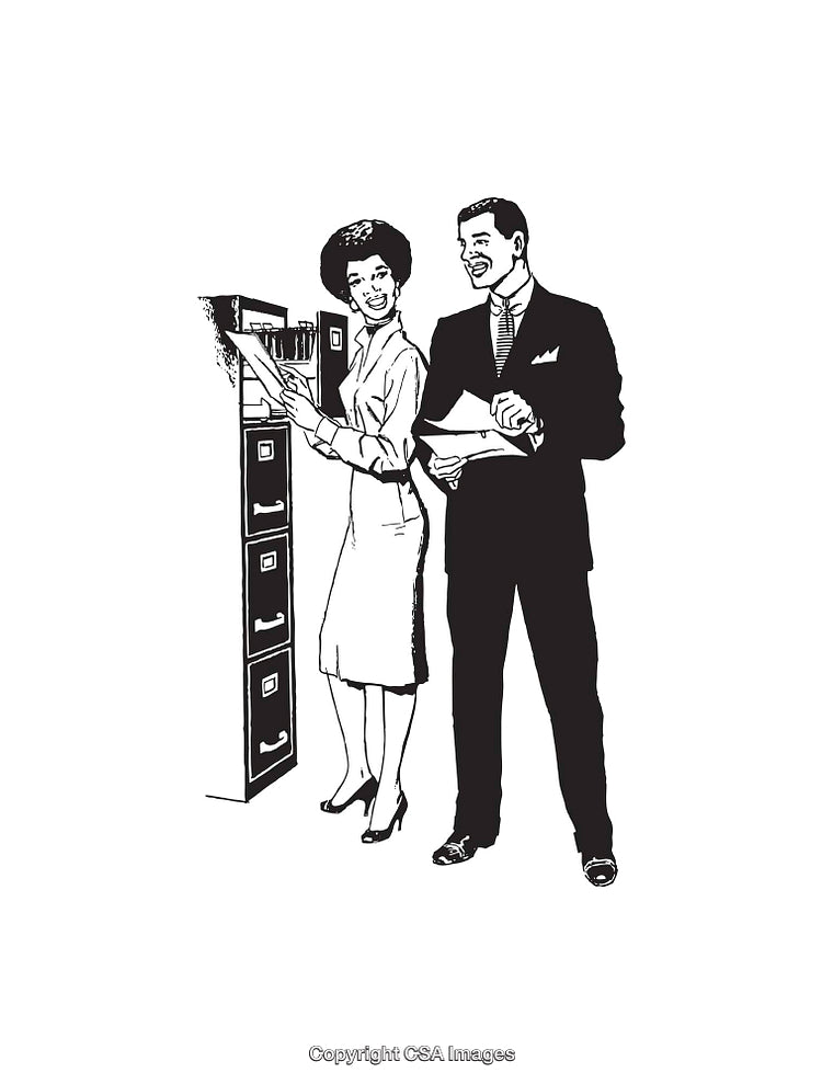 Retro Styled Illustration of Office Workers with Filing Cabinet