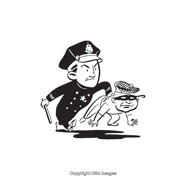 Black and White Line Art of Policeman Catching a Suspect with Humor