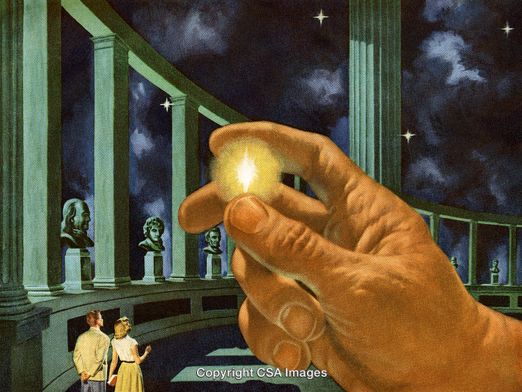 Hand Holding Glowing Flame in Mystical Architectural Setting
