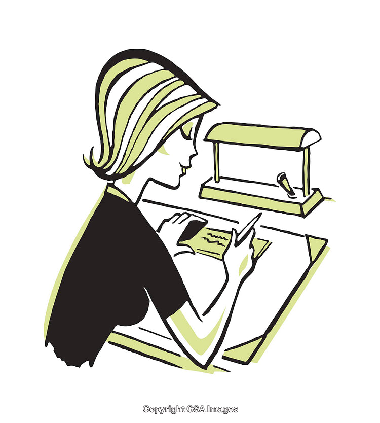 Illustration of a Woman at Work Desk in Vintage Style