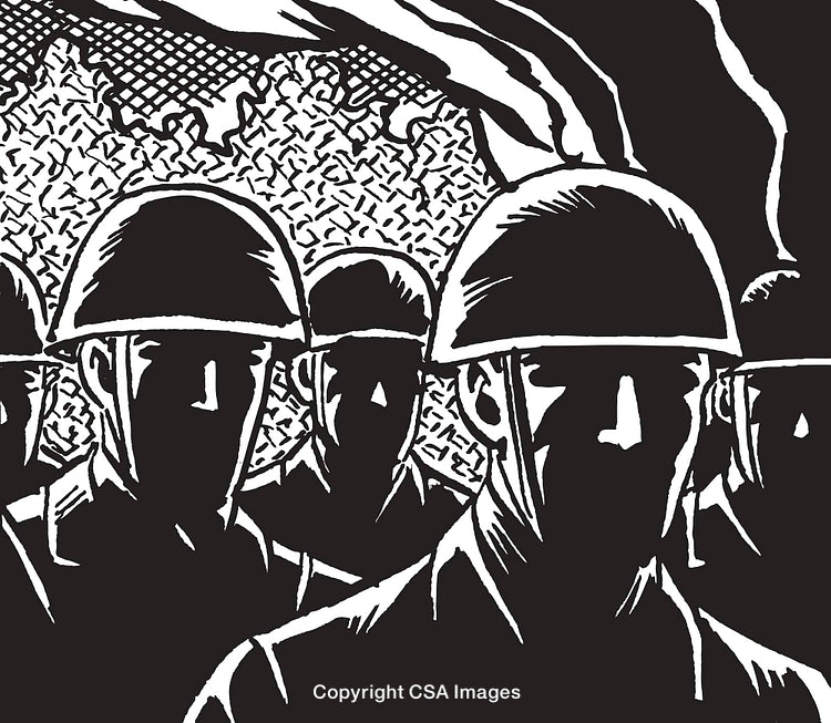 Silhouette Artwork of Soldiers in Formation With Helmets and Uniforms