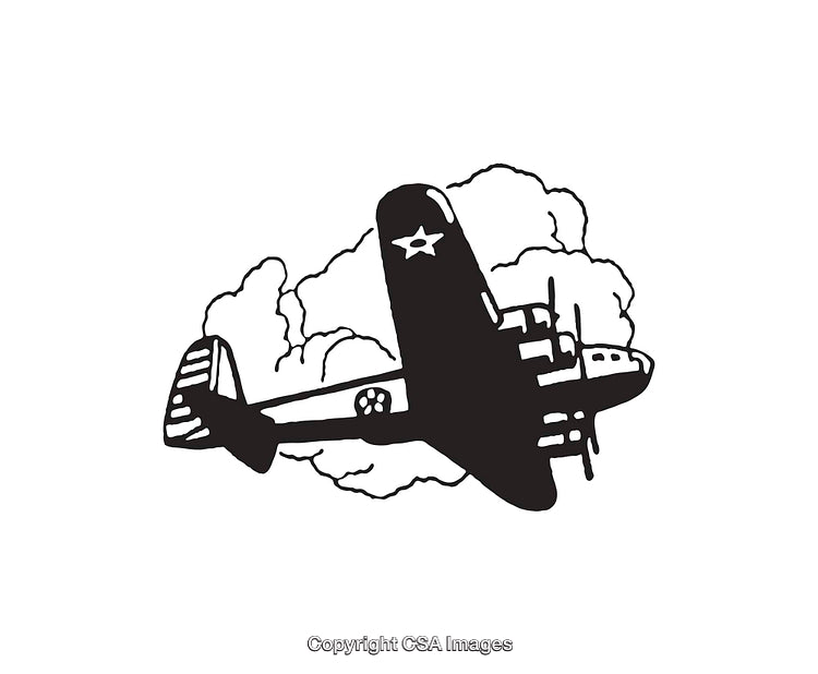Black and White Line Art Illustration of a Vintage Aircraft in Flight